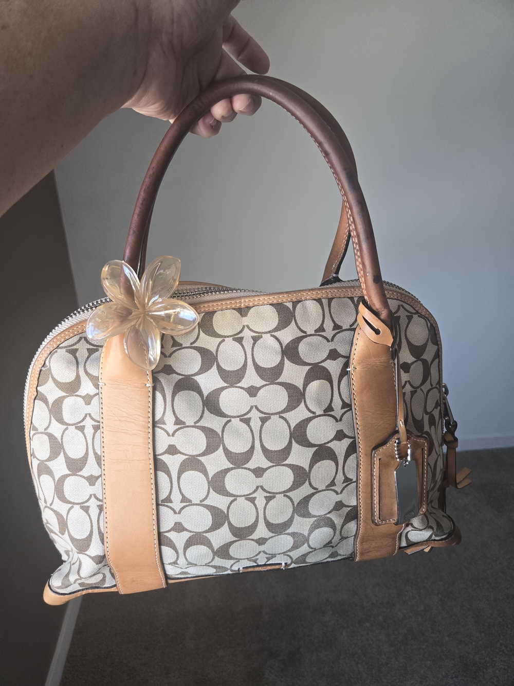 Coach Signature Canvas Satchel in Khaki and Tan with Brown Handles